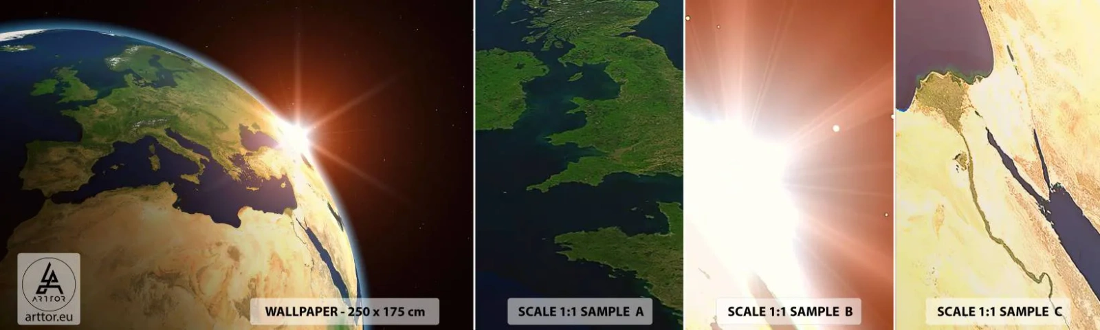 Échantillon de Papier Peint Autocollant Deluxe Sticker - Lever de soleil - Cosmos, Globe, Continents - 100x30 cm