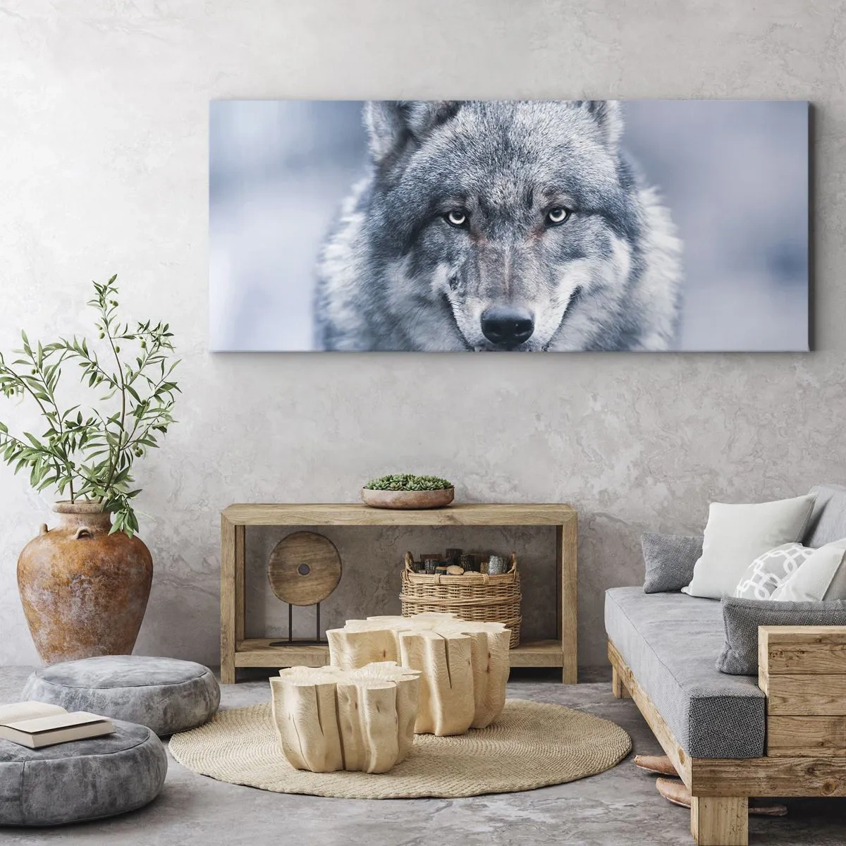 Impression sur toile - Image sur toile - Un loup au regard intense dans un paysage hivernal - 140x50cm - Relèverez-vous le défi ? - Décoration murale moderne pour le salon et la chambre ARTTOR