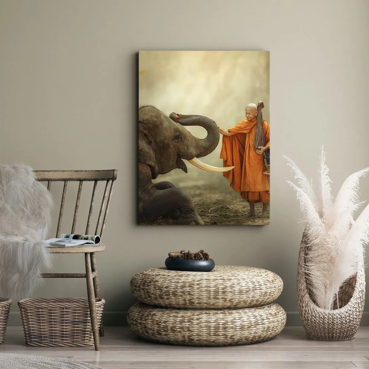 Impression sur toile - Image sur toile - Un moine et un éléphant en harmonie avec la nature en toile de fond - 50x70cm - Rencontre en voyageant - Décoration murale moderne pour le salon et la chambre ARTTOR