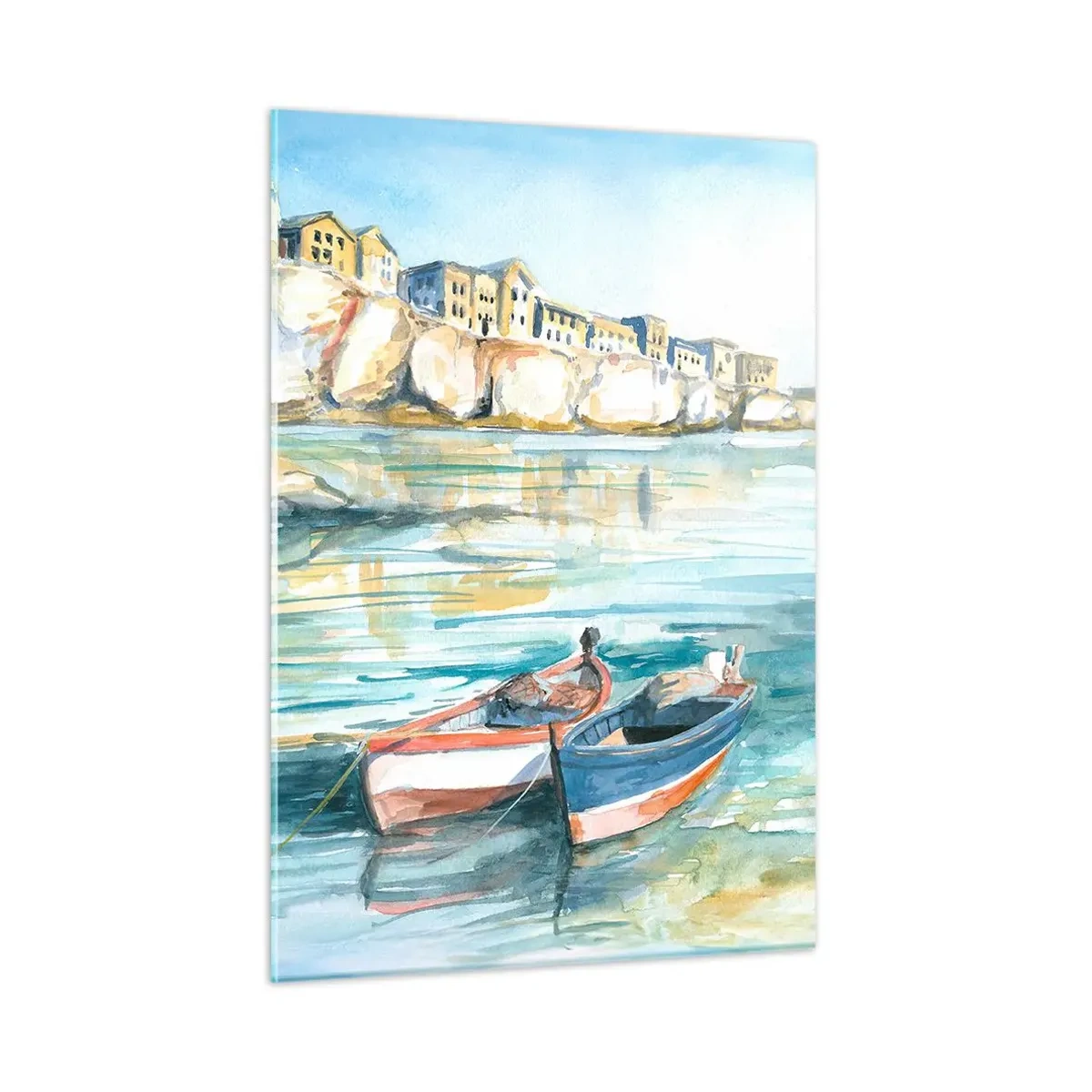 Impression sur verre - Image sur verre - Une baie aigue-marine avec des bateaux et des bâtiments sur la falaise - 50x70cm - Paysage dans l'azur - Décoration murale moderne pour le salon et la chambre ARTTOR