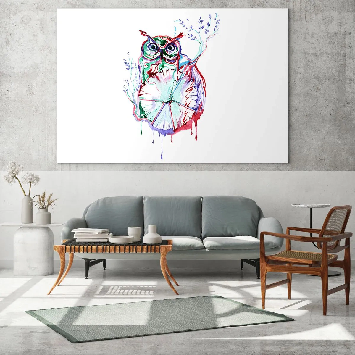 Impression sur verre - Image sur verre - Hibou abstrait dans une composition aquarelle colorée - 120x80cm - Sage par nature - Décoration murale moderne pour le salon et la chambre ARTTOR