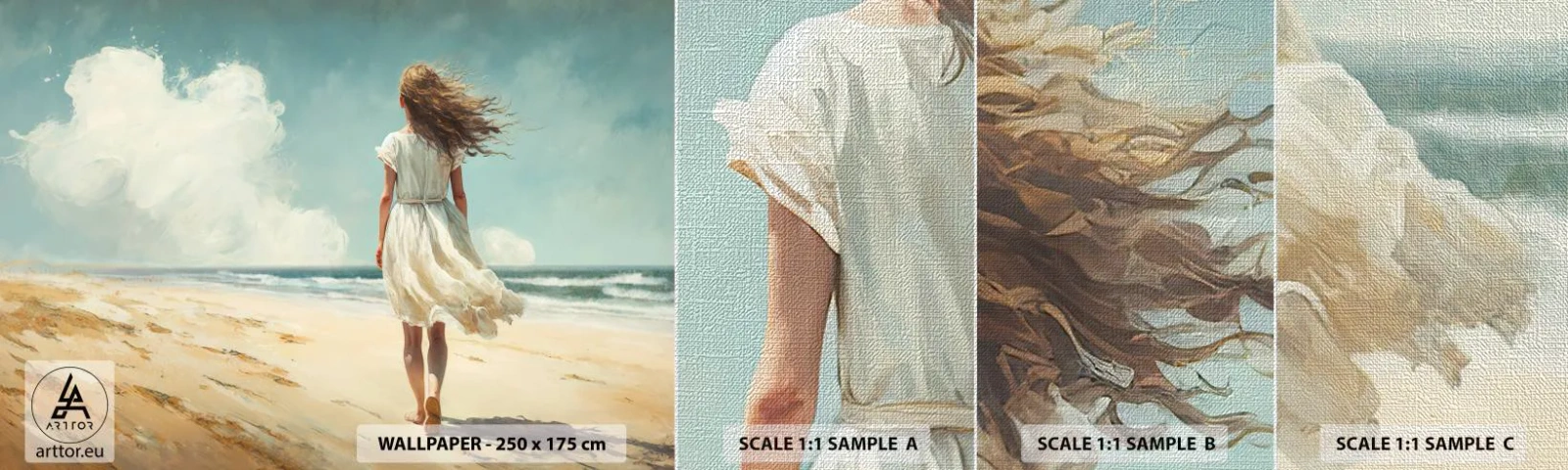 Échantillon de Papier Peint Premium Canvas - Pour rencontrer le soleil et le vent - Fille, Plage, Marcher - 100x30 cm