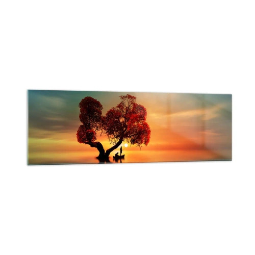 Impression sur verre - Image sur verre - Un arbre à feuilles rouges et un bateau sur l'eau au coucher du soleil - 160x50cm - Plénitude et éloignement sans monde - Décoration murale moderne pour le salon et la chambre ARTTOR