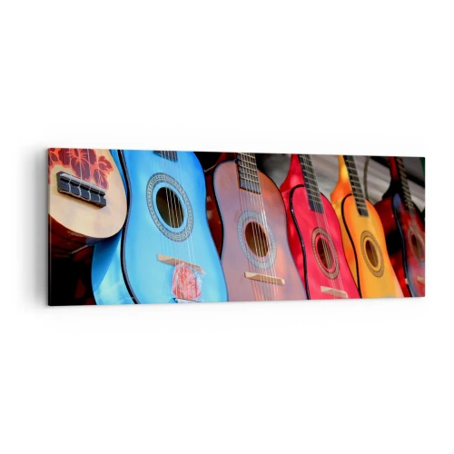 Impression sur toile - Image sur toile - Des guitares acoustiques colorées sont accrochées en rangée dans une exposition - 140x50cm - Ambiance latine - Décoration murale moderne pour le salon et la chambre ARTTOR