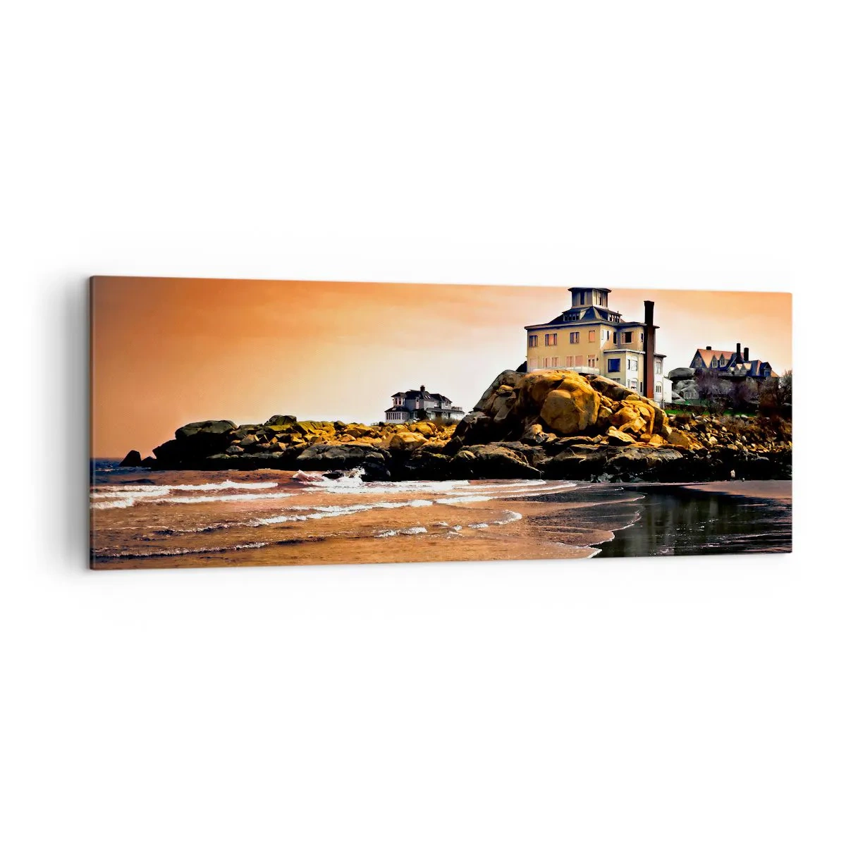 Impression sur toile - Image sur toile - Une maison sur un rocher près de la plage au coucher du soleil avec son reflet dans l'eau - 140x50cm - L'élégance de la côte ouest - Décoration murale moderne pour le salon et la chambre ARTTOR