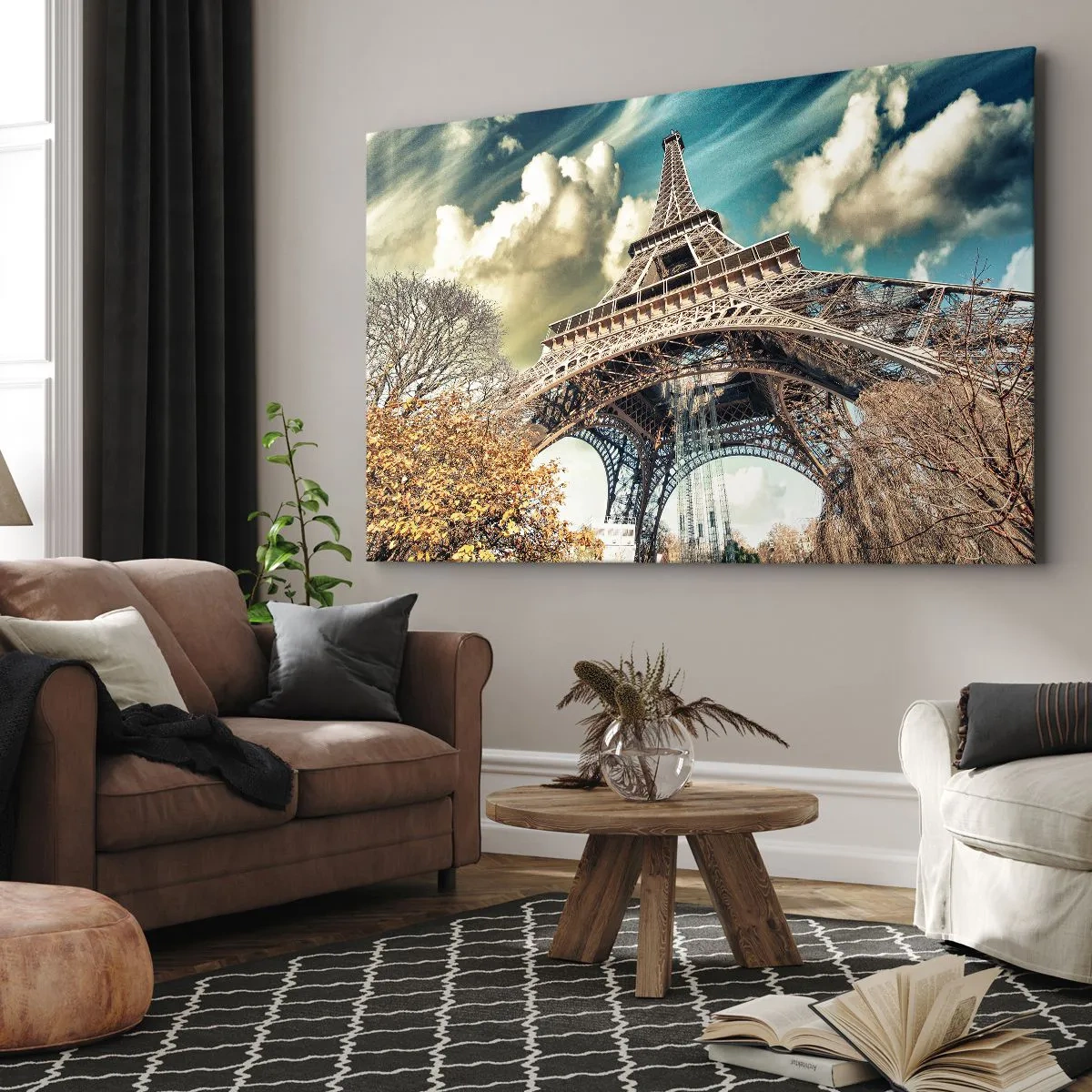 Impression sur toile - Image sur toile - La Tour Eiffel vue d'en bas dans un décor automnal - 120x80cm - Et en automne à Paris... - Décoration murale moderne pour le salon et la chambre ARTTOR