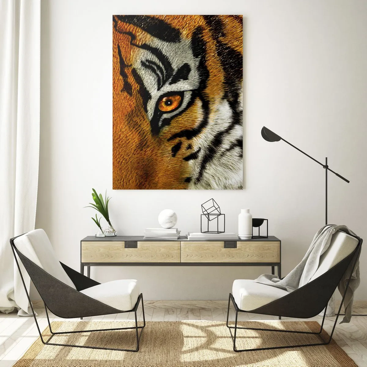 Impression sur verre - Image sur verre - Portrait en gros plan d'un tigre au regard intense - 70x100cm - Terrible et beau - Décoration murale moderne pour le salon et la chambre ARTTOR