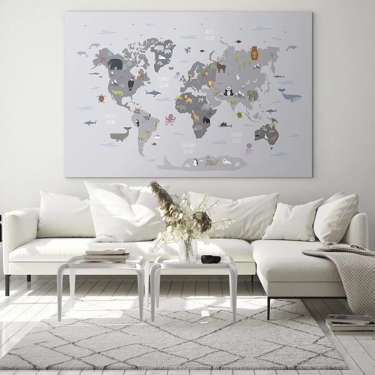 Impression sur verre - Image sur verre - Carte du monde illustrée avec des animaux caractéristiques - 70x50cm - Dis-moi d'où tu viens... - Décoration murale moderne pour le salon et la chambre ARTTOR