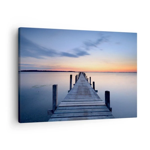 Impression sur toile - Image sur toile - Jetée en bois sur le lac au coucher du soleil - 70x50cm - Le calme d'un crépuscule serein - Décoration murale moderne pour le salon et la chambre ARTTOR