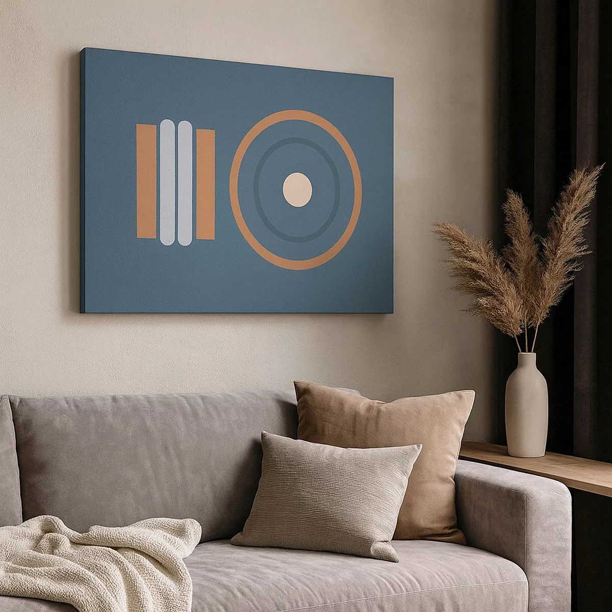 Impression sur toile - Image sur toile - Une composition géométrique avec des cercles et des rectangles aux couleurs sobres. - 70x50cm - Essence des choses - Décoration murale moderne pour le salon et la chambre ARTTOR