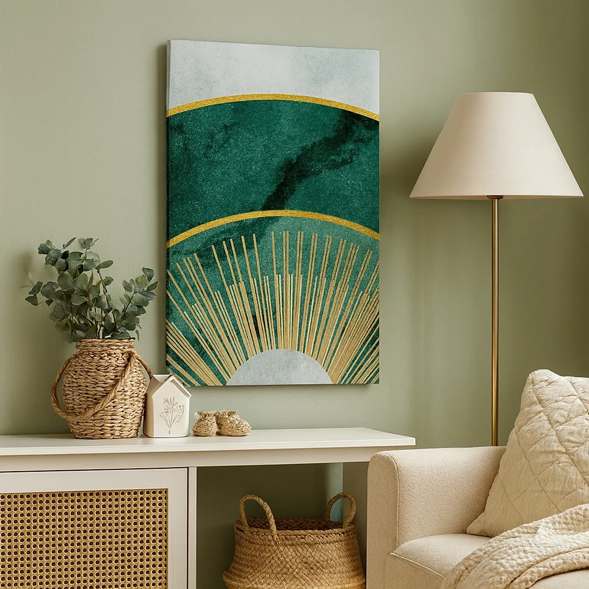 Impression sur toile - Image sur toile - Motif abstrait avec des cercles aux couleurs émeraude et or. - 50x70cm - Un autre système solaire - Décoration murale moderne pour le salon et la chambre ARTTOR