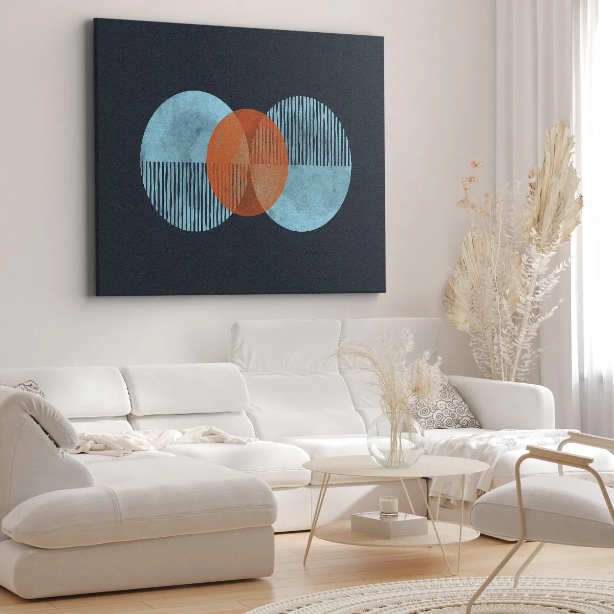 Impression sur toile - Image sur toile - Cercles géométriques dans les tons bleu et orange - 120x80cm - Composition symétrique - Décoration murale moderne pour le salon et la chambre ARTTOR