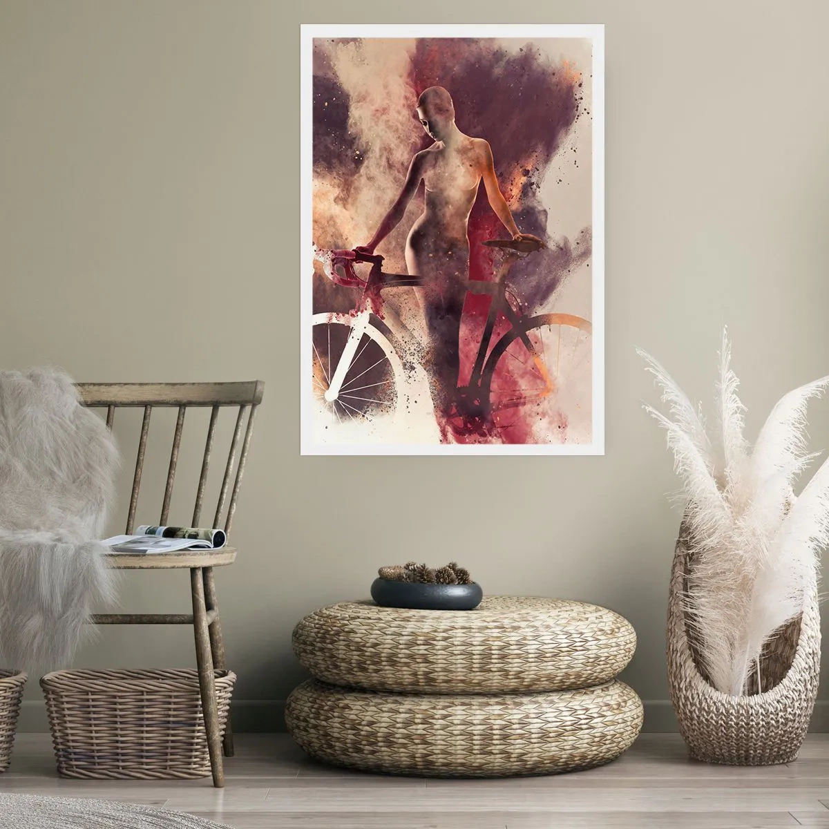 Affiche - Poster - Silhouette d'une femme avec un vélo dans un arrière-plan artistique et enfumé - 50x70cm - Une âme de vélo aux formes marbrées - Décoration murale moderne pour le salon et la chambre ARTTOR