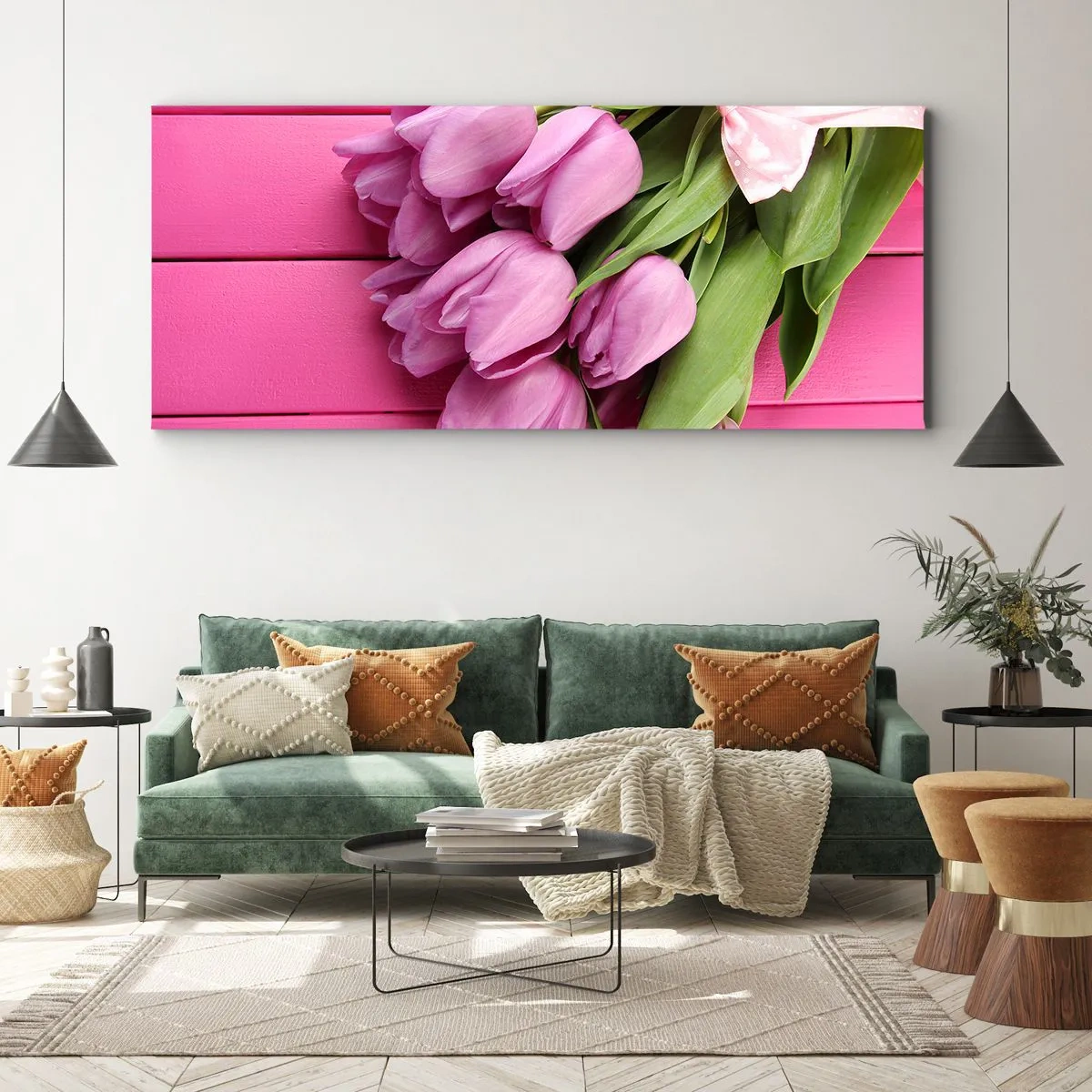 Impression sur toile - Image sur toile - Un bouquet de tulipes roses avec un nœud sur un fond rose - 120x50cm - Juste pour toi - Décoration murale moderne pour le salon et la chambre ARTTOR