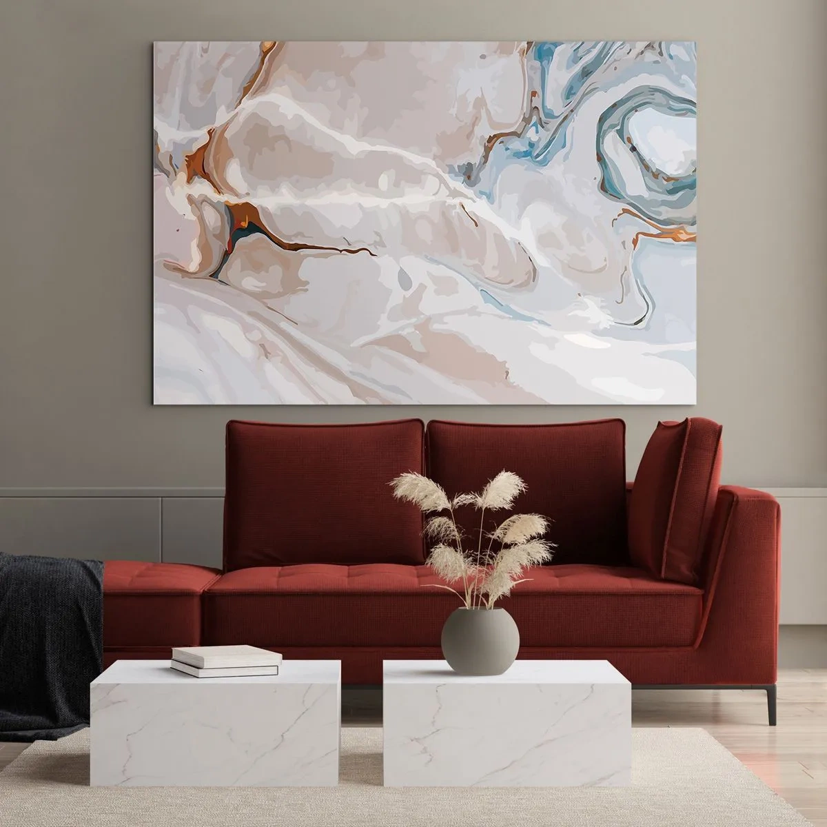 Impression sur verre - Image sur verre - Motif artistique dans des tons neutres avec des accents de bleu - 120x80cm - Le bleu serpente sous le blanc - Décoration murale moderne pour le salon et la chambre ARTTOR