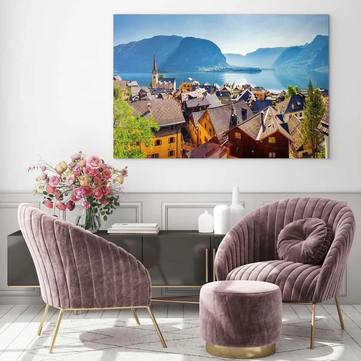 Impression sur verre - Image sur verre - Une ville pittoresque au bord d'un lac entouré de montagnes - 100x70cm - ça ne pourrait pas être plus pittoresque - Décoration murale moderne pour le salon et la chambre ARTTOR