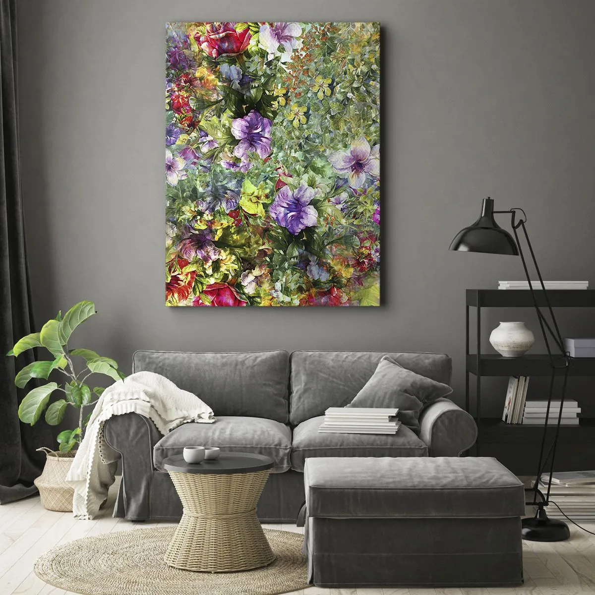 Impression sur toile - Image sur toile - Une composition florale colorée sur fond vert - 50x70cm - En fleurs pour la perdition - Décoration murale moderne pour le salon et la chambre ARTTOR