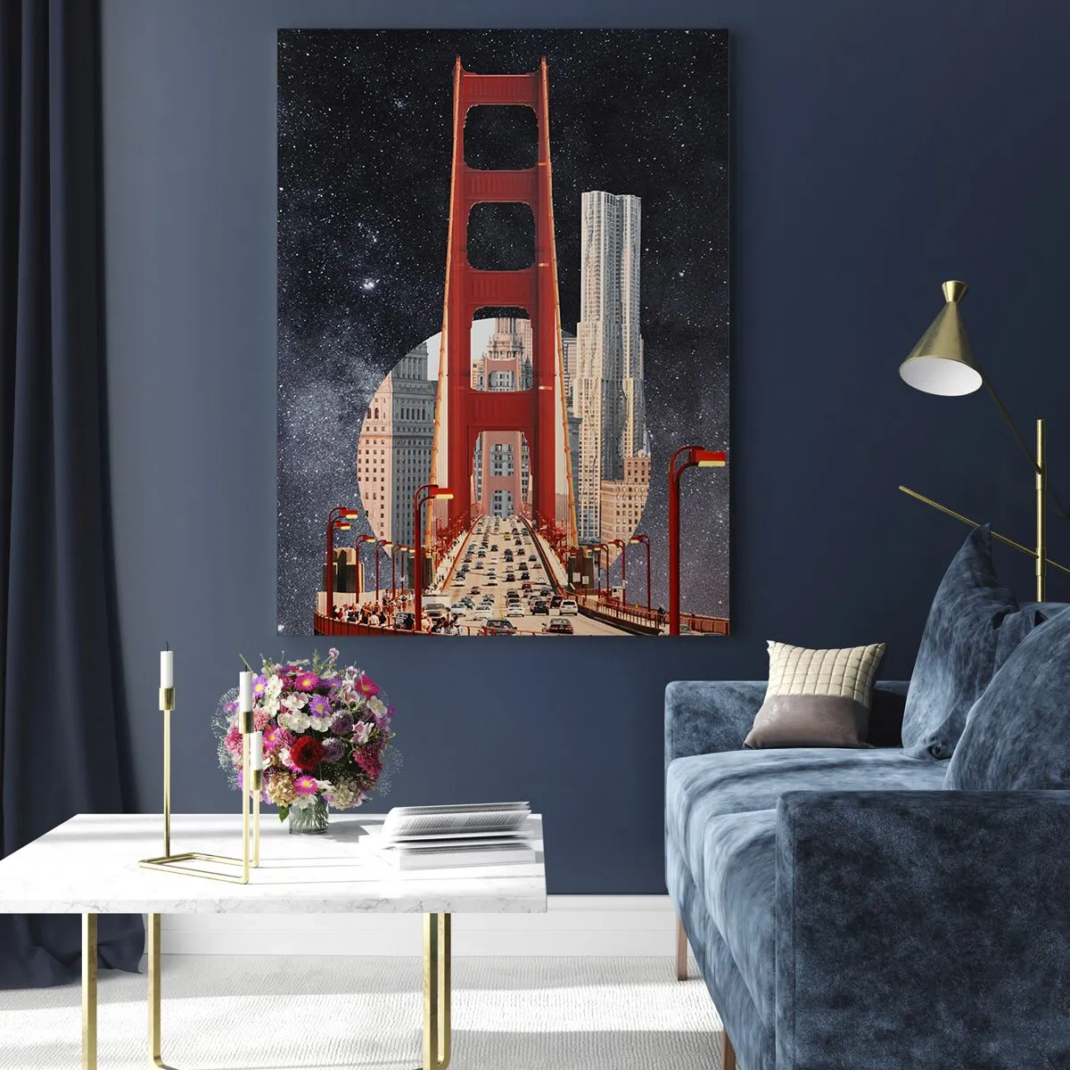 Impression sur verre - Image sur verre - Pont et gratte-ciels sur un fond de galaxie surréaliste - 50x70cm - Toujours au centre - Décoration murale moderne pour le salon et la chambre ARTTOR