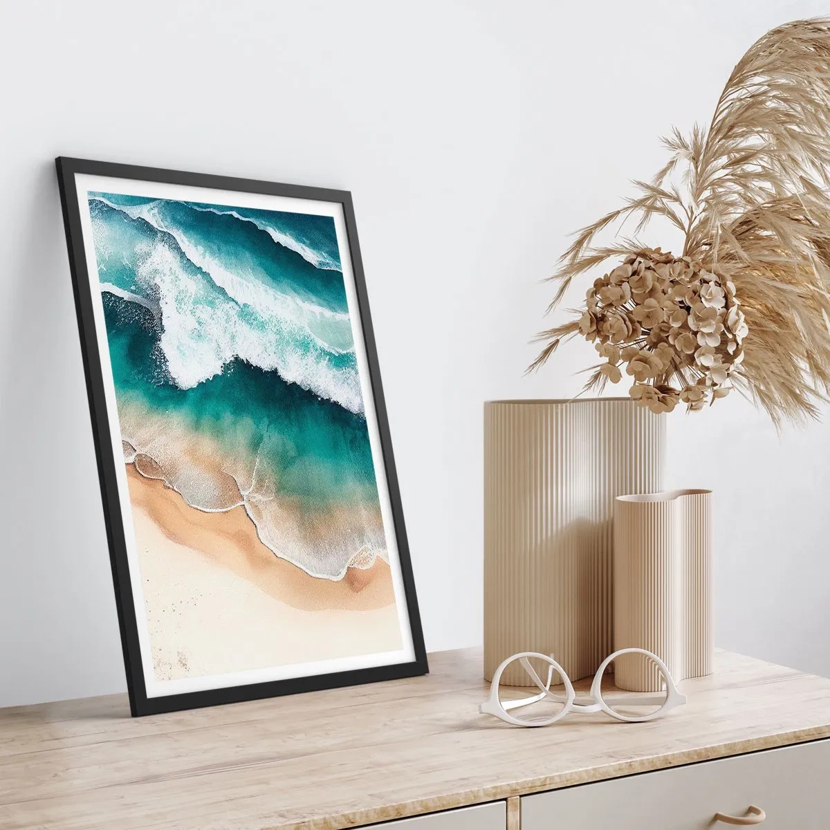 Affiche dans un cadre noir - Poster - Les vagues de la mer s'écrasent sur la plage - 50x70cm - La rencontre éternelle - Décoration murale moderne pour le salon et la chambre ARTTOR