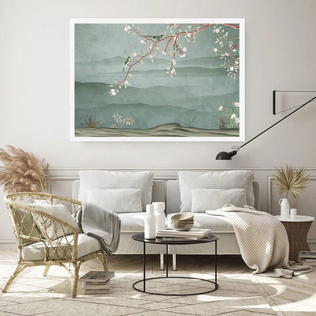 Affiche - Poster - Une image pittoresque d'une branche d'arbre en fleurs avec des oiseaux sur fond de collines verdoyantes. - 100x70cm - Printemps oh c'est toi - Décoration murale moderne pour le salon et la chambre ARTTOR