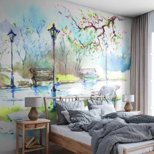 Papier Peint Photo Premium Canvas - Scène de parc à l'aquarelle avec bancs et lampes - 100x70cm - Le charme du silence d'un parc - Décoration murale moderne pour le salon et la chambre ARTTOR