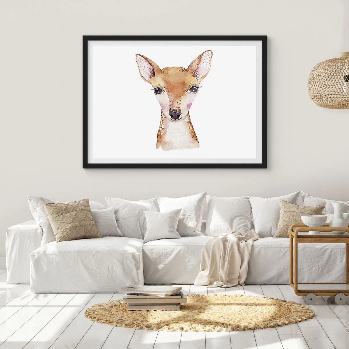 Affiche dans un cadre noir - Poster - Portrait à l'aquarelle d'un jeune chevreuil sur fond blanc - 100x70cm - L'innocence de la nature - Décoration murale moderne pour le salon et la chambre ARTTOR