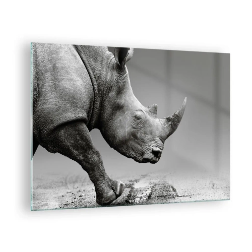 Impression sur verre - Image sur verre - Un rhinocéros en mouvement sur un fond gris - 70x50cm - Force inarrêtable - Décoration murale moderne pour le salon et la chambre ARTTOR