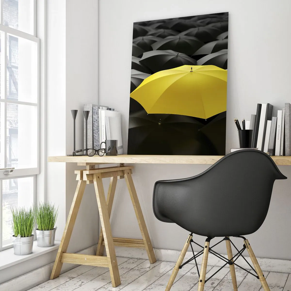 Impression sur verre - Image sur verre - Un parapluie jaune parmi des parapluies noirs - 70x100cm - Adieu chagrin - Décoration murale moderne pour le salon et la chambre ARTTOR