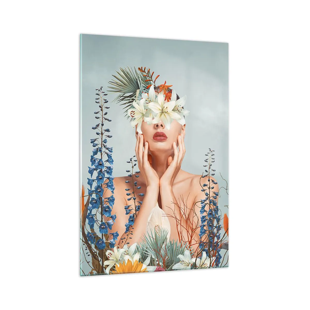 Impression sur verre - Image sur verre - Portrait d'une femme avec un motif floral sur fond bleu - 70x100cm - Femme - fleur - Décoration murale moderne pour le salon et la chambre ARTTOR