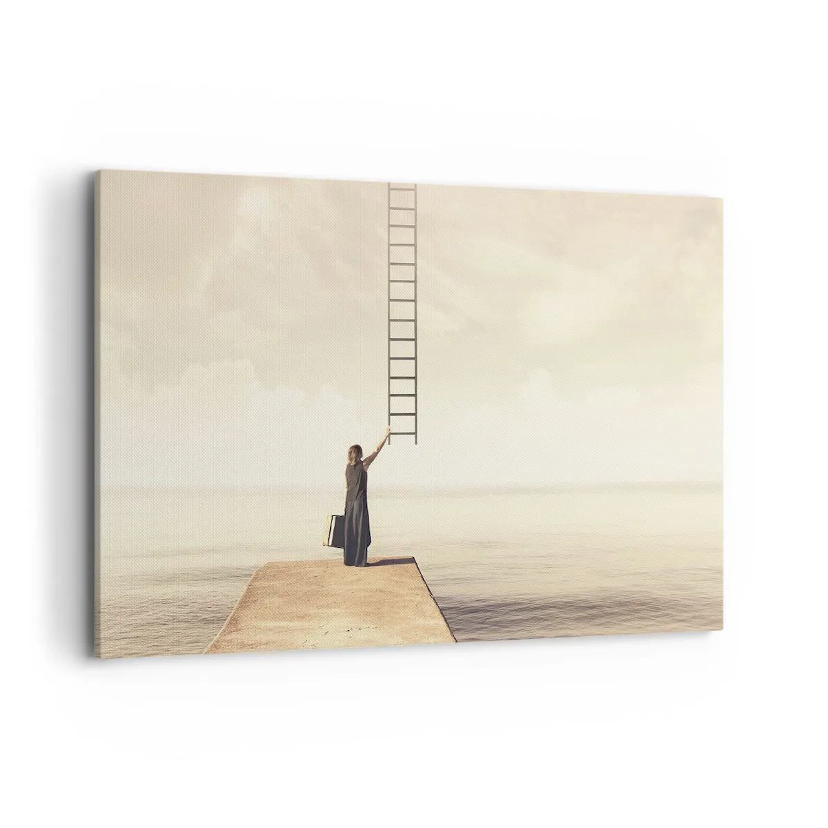 Impression sur toile - Image sur toile - Une femme debout sur une jetée avec une échelle menant au ciel - 100x70cm - Voyage magique - Décoration murale moderne pour le salon et la chambre ARTTOR