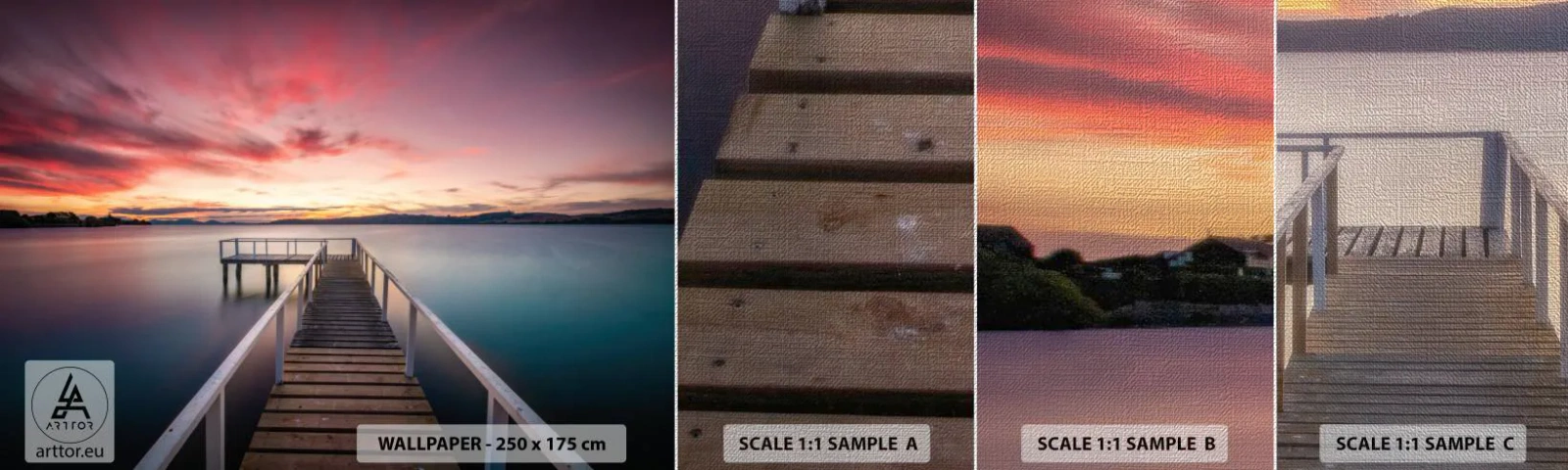 Échantillon de Papier Peint Premium Canvas - La douce flamme du soir - Paysage, Coucher de soleil, Jetée en bois - 100x30 cm