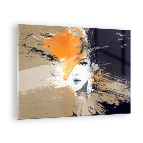 Impression sur verre - Image sur verre - Portrait abstrait d'une femme aux accents orange - 70x50cm - Et la lumière fut - Décoration murale moderne pour le salon et la chambre ARTTOR