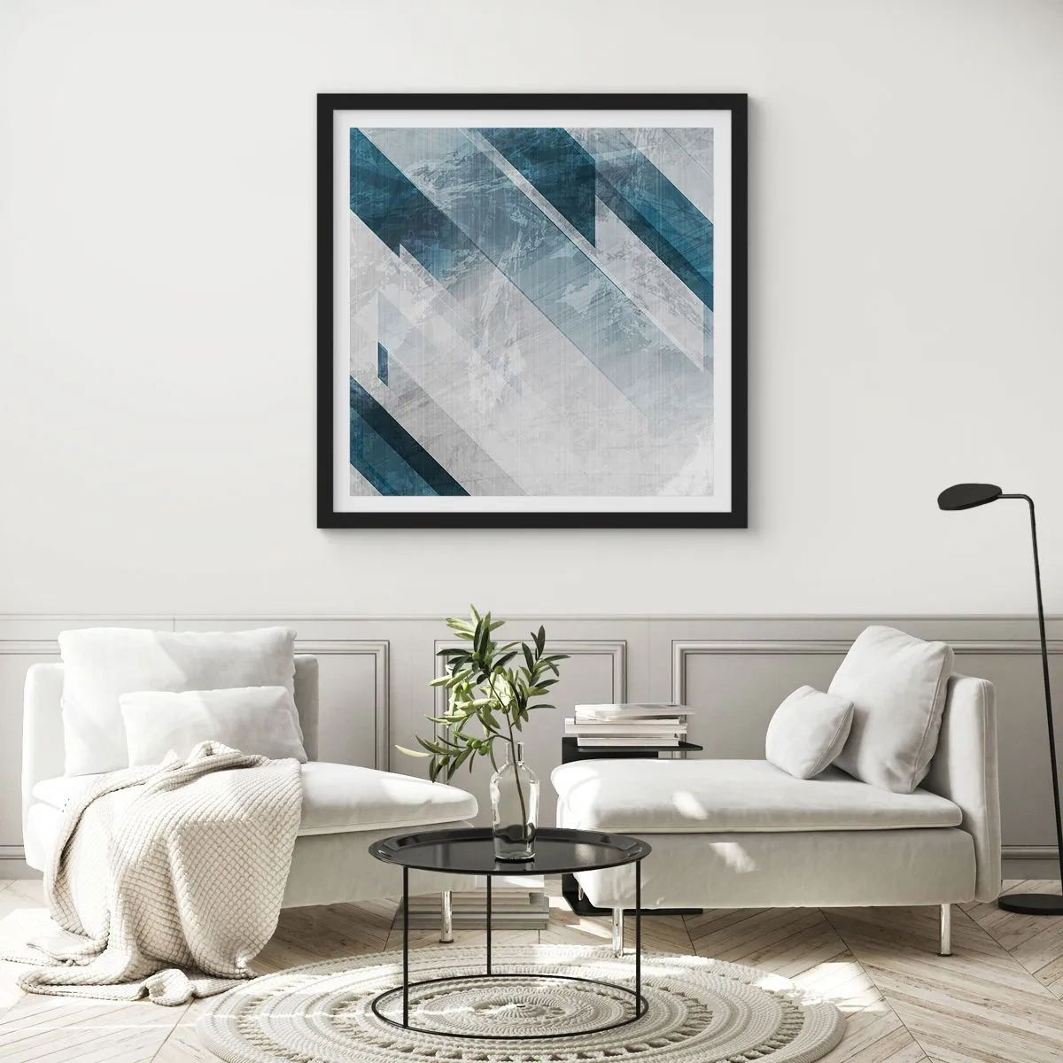 Affiche dans un cadre noir - Poster - Composition spatiale - mouvement gris - 30x30 cm