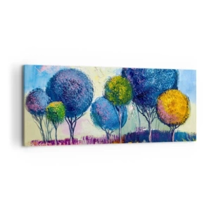Impression sur toile - Image sur toile - Arbres colorés en forme de boule sur fond de paysage - 120x50cm - Sphère - la forme idéale - Décoration murale moderne pour le salon et la chambre ARTTOR