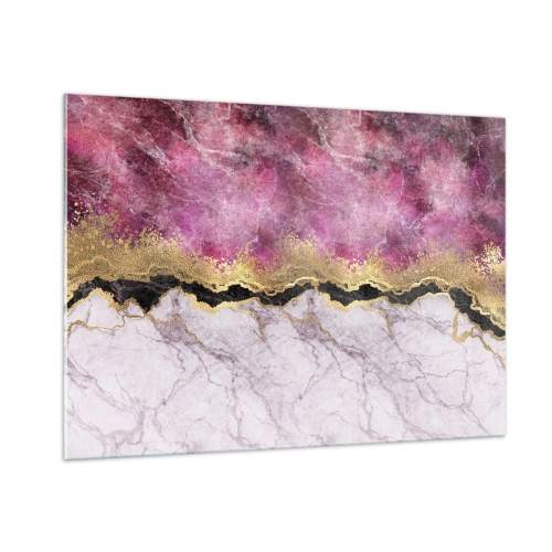 Impression sur verre - Image sur verre - Composition abstraite en marbre avec des accents dorés et violets - 100x70cm - À la frontière - Décoration murale moderne pour le salon et la chambre ARTTOR