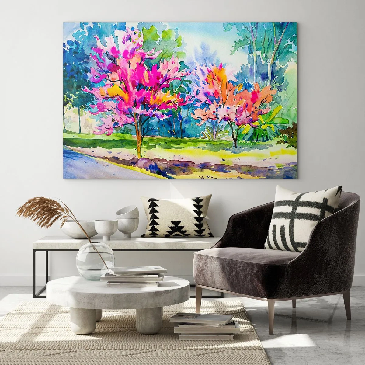 Impression sur verre - Image sur verre - Arbres colorés dans le parc peints avec la technique de l'aquarelle - 70x50cm - Jardin arc-en-ciel à la lumière du printemps - Décoration murale moderne pour le salon et la chambre ARTTOR