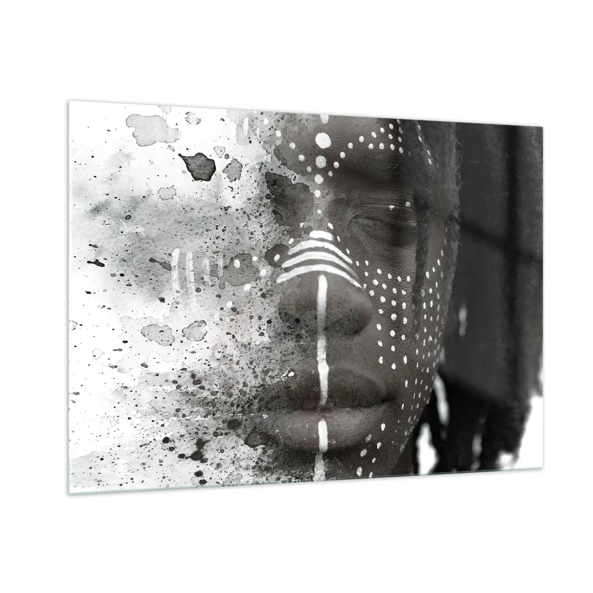 Impression sur verre - Image sur verre - Portrait aux motifs ethniques en noir et blanc avec un effet aquarelle - 100x70cm - Découvrez l'esprit primal - Décoration murale moderne pour le salon et la chambre ARTTOR