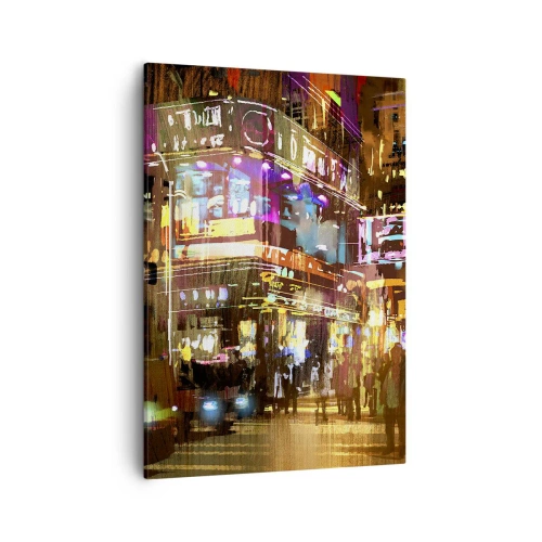 Impression sur toile - Image sur toile - Une ville animée la nuit sous la lumière des néons - 50x70cm - Dans une mer de lumière - Décoration murale moderne pour le salon et la chambre ARTTOR