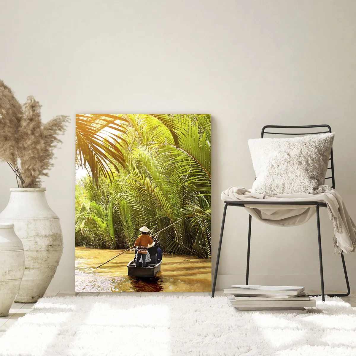 Impression sur verre - Image sur verre - Un bateau sur une rivière entourée de végétation tropicale - 70x100cm - Ravin de palmier - Décoration murale moderne pour le salon et la chambre ARTTOR