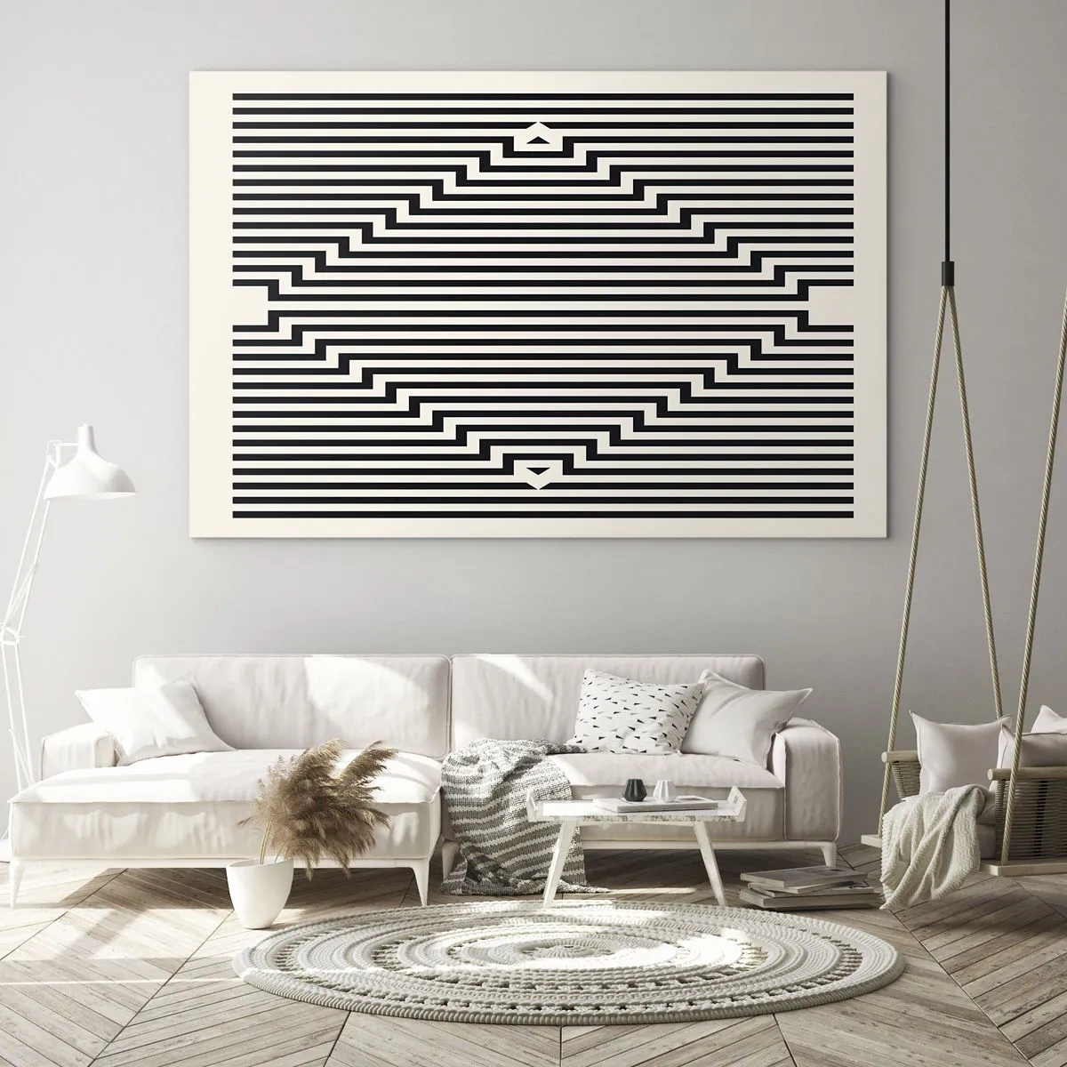 Impression sur verre - Image sur verre - Un motif fascinant de lignes noires et blanches créant une illusion - 70x50cm - Illusion géométrique - Décoration murale moderne pour le salon et la chambre ARTTOR