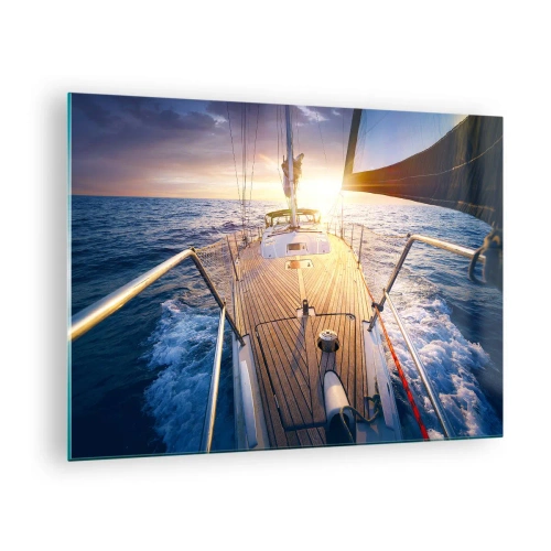 Impression sur verre - Image sur verre - Le pont d'un voilier sur fond de soleil couchant et de vagues de la mer - 70x50cm - Courir sur les vagues - Décoration murale moderne pour le salon et la chambre ARTTOR