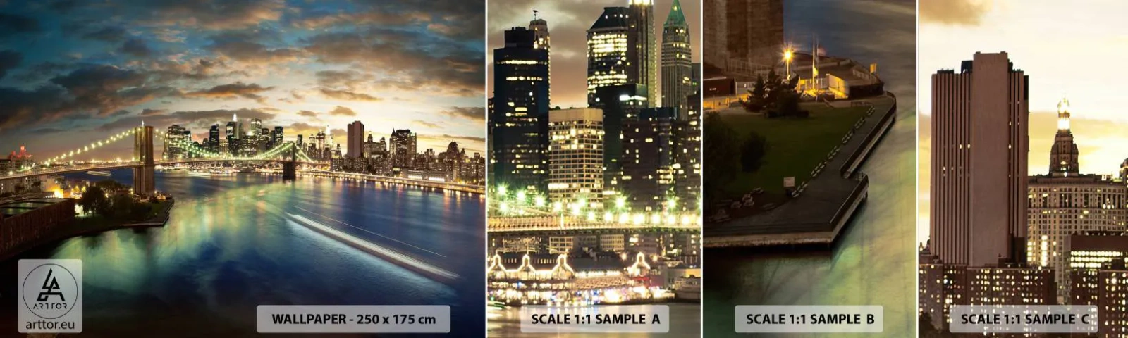 Échantillon De Papier Peint Standard Eco - Une soirée lumineuse sur Manhattan - Ville, Pont, New York - 100x30 cm