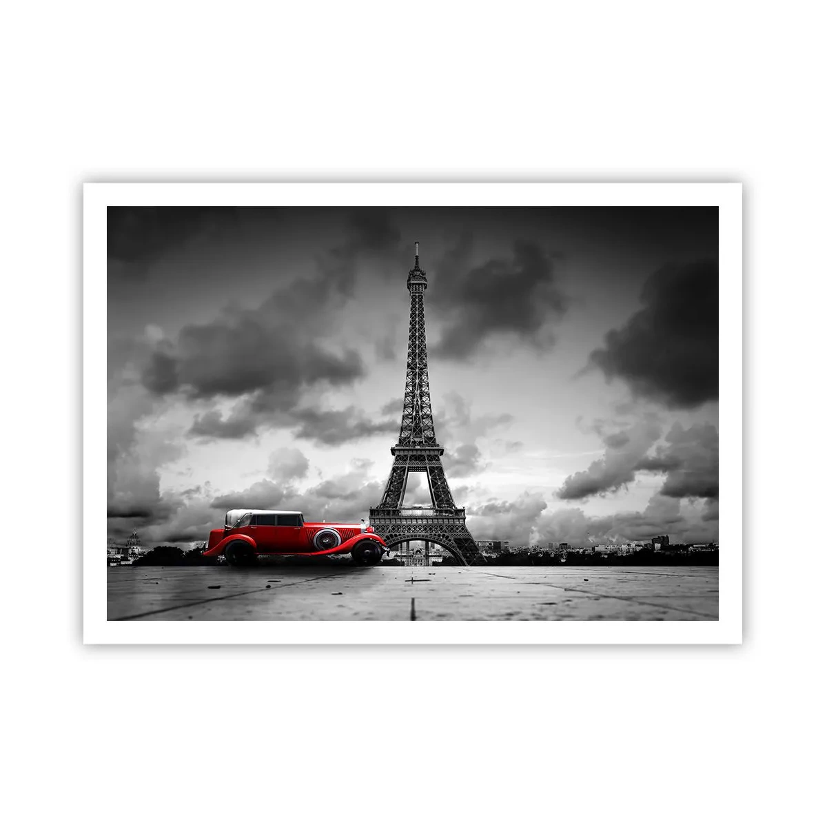 Affiche - Poster - Voiture rétro rouge devant la Tour Eiffel en noir et blanc - 100x70cm - Il n'y a pas si longtemps à Paris - Décoration murale moderne pour le salon et la chambre ARTTOR