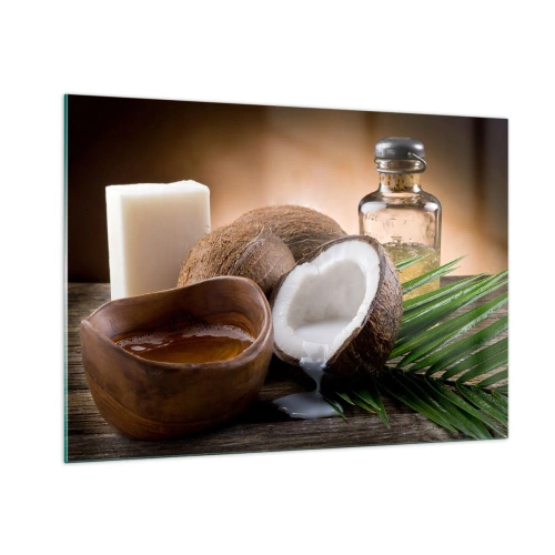 Impression sur verre - Image sur verre - Ingrédients naturels avec de la noix de coco et de l'huile sur un fond en bois - 100x70cm - Santé des îles tropicales - Décoration murale moderne pour le salon et la chambre ARTTOR