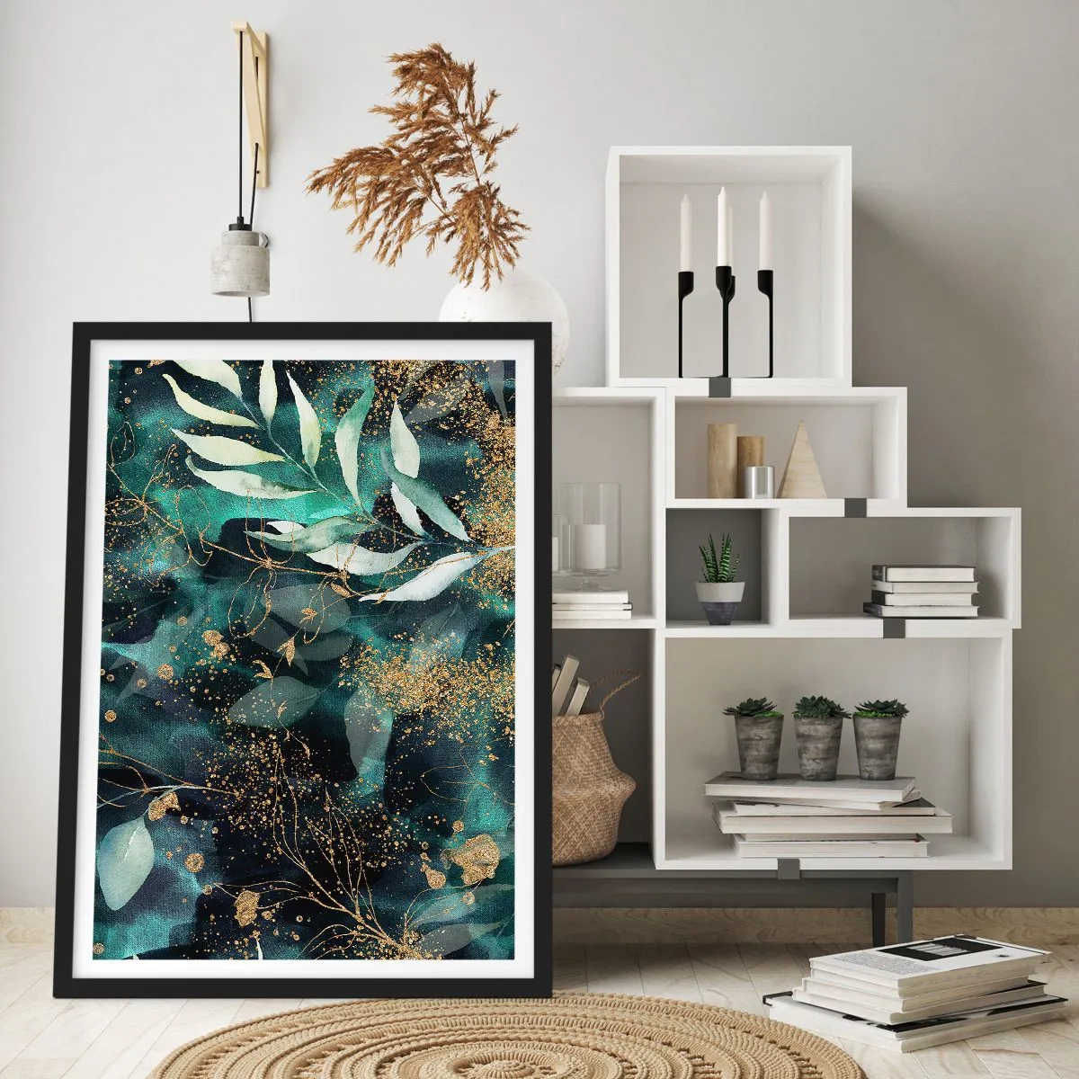Affiche dans un cadre noir - Poster - Feuilles vertes et accents dorés sur un fond sombre - 50x70cm - Jardin magique - Décoration murale moderne pour le salon et la chambre ARTTOR