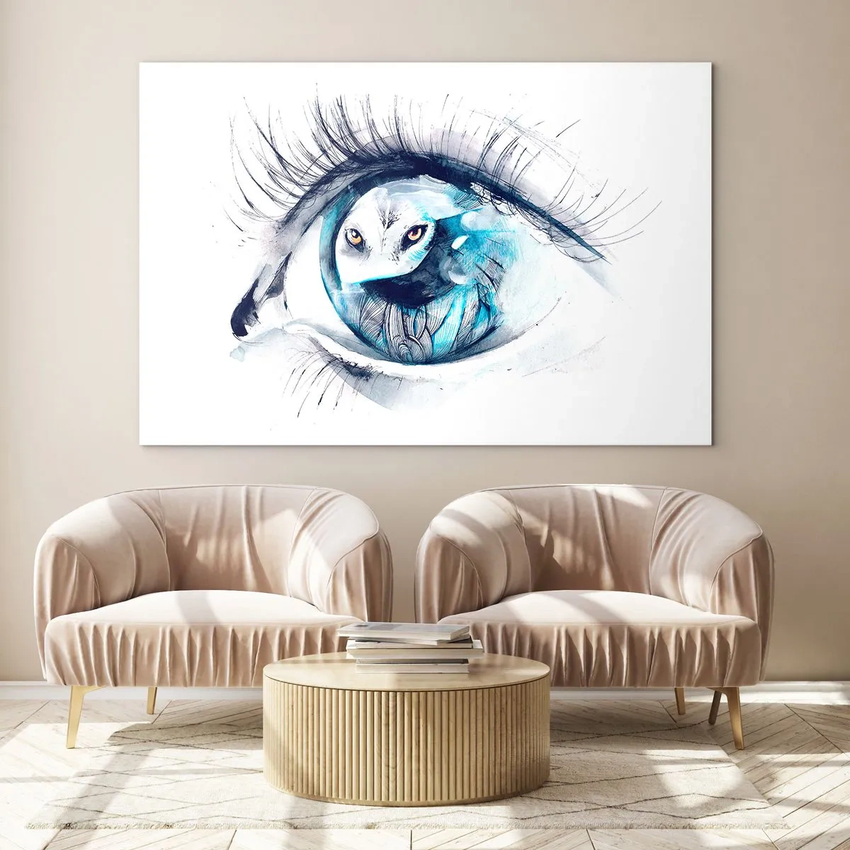 Impression sur verre - Image sur verre - Un œil de femme avec un motif de hibou dans un style aquarelle - 70x50cm - Face à face avec la nature sauvage - Décoration murale moderne pour le salon et la chambre ARTTOR