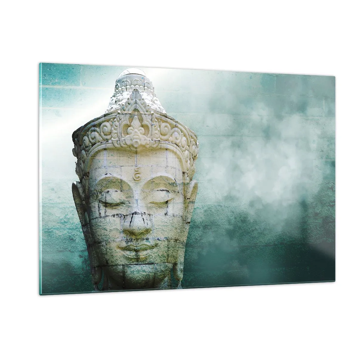 Impression sur verre - Image sur verre - Statue de Bouddha dans une atmosphère mystique - 120x80cm - A la recherche de la lumière - Décoration murale moderne pour le salon et la chambre ARTTOR