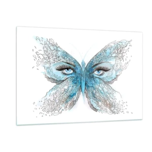 Impression sur verre - Image sur verre - Un papillon aux ailes bleues et aux yeux humains dans un style artistique. - 120x80cm - Mésange bleue Eros - Décoration murale moderne pour le salon et la chambre ARTTOR