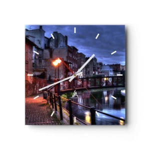 Horloge murale - Pendule murale - Vue nocturne des immeubles d'habitation et du pont sur le canal - 30x30cm - Tu n'as pas connu ce Bydgoszcz - Décoration murale moderne pour le salon et la chambre ARTTOR