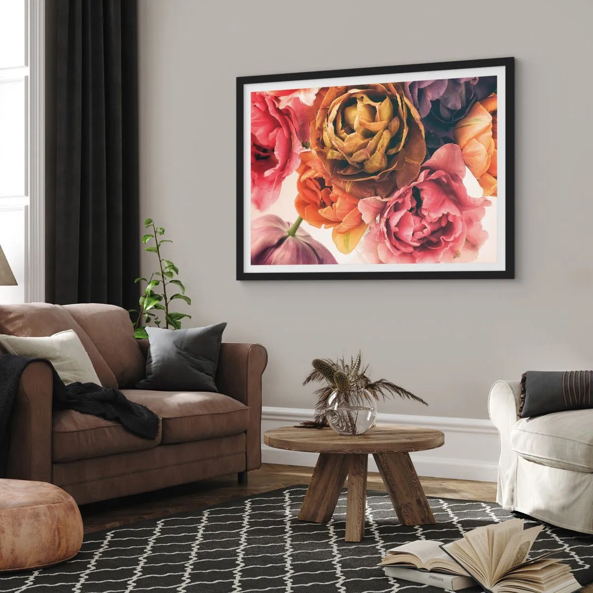 Affiche dans un cadre noir - Poster - Un bouquet de fleurs variées aux couleurs intenses - 100x70cm - La fête de la vie - Décoration murale moderne pour le salon et la chambre ARTTOR